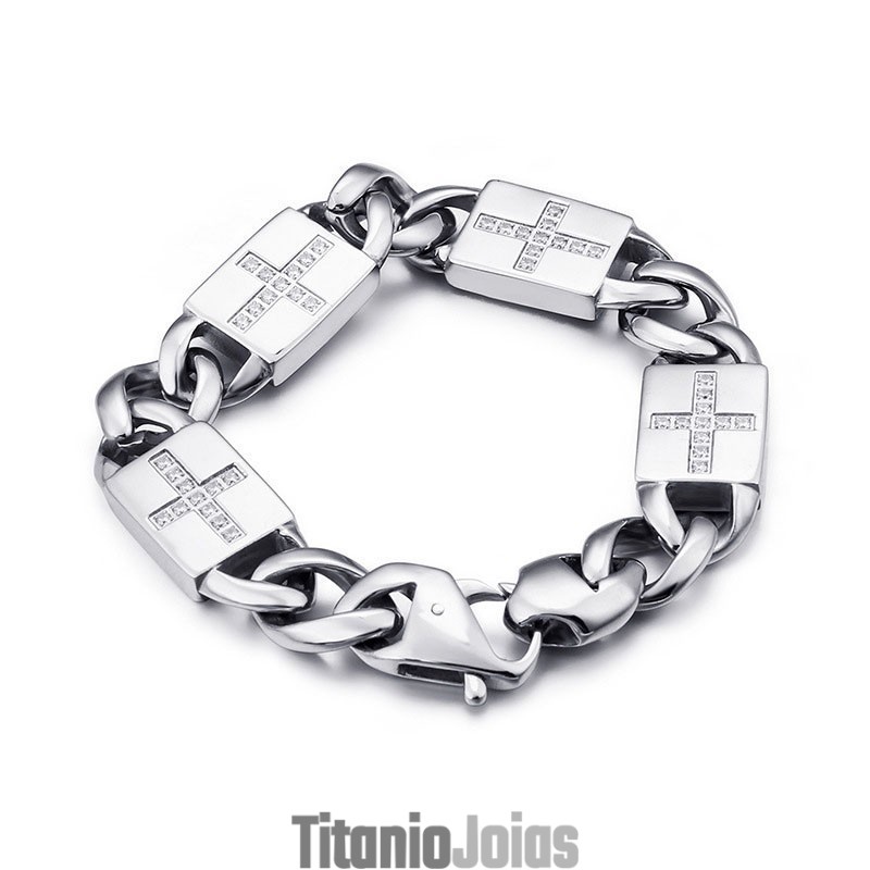 Pulseiras De Titânio Estilo Hip-Hop Com Cruz E Diamantes Pulseiras De Titânio Estilo Hip-Hop Com Cruz E Diamantes