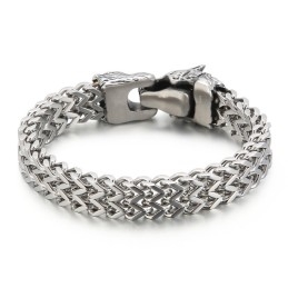 Pulseira Masculina De Titânio Com Cabeça De Lobo Dupla