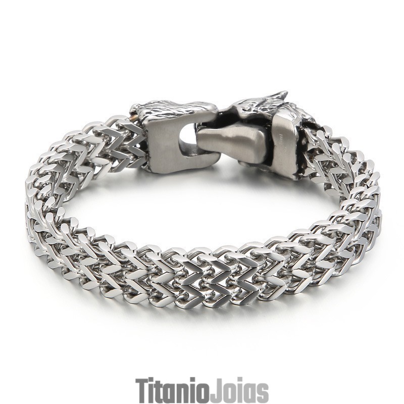 Pulseira Masculina De Titânio Com Cabeça De Lobo Dupla Pulseira Masculina De Titânio Com Cabeça De Lobo Dupla