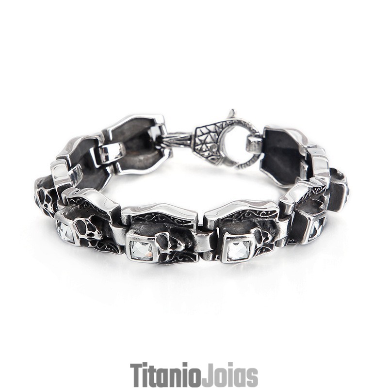 Pulseira De Titânio Com Caveira E Ossos Cruzados Pulseira De Titânio Com Caveira E Ossos Cruzados