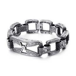 Pulseira Masculina De Titânio Vazada Com Estampa Floral E Cruz
