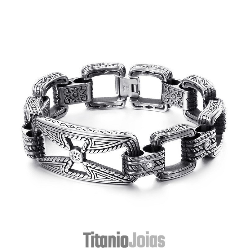 Pulseira Masculina De Titânio Vazada Com Estampa Floral E Cruz Pulseira Masculina De Titânio Vazada Com Estampa Floral E Cruz