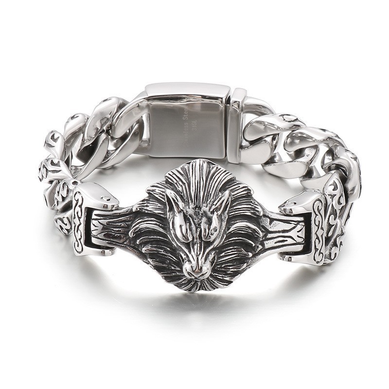 Pulseira De Titânio Com Cabeça De Lobo Floral Para Homens Pulseira De Titânio Com Cabeça De Lobo Floral Para Homens