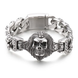 Pulseira De Titânio Com Cabeça De Caveira E Flor Para Homens