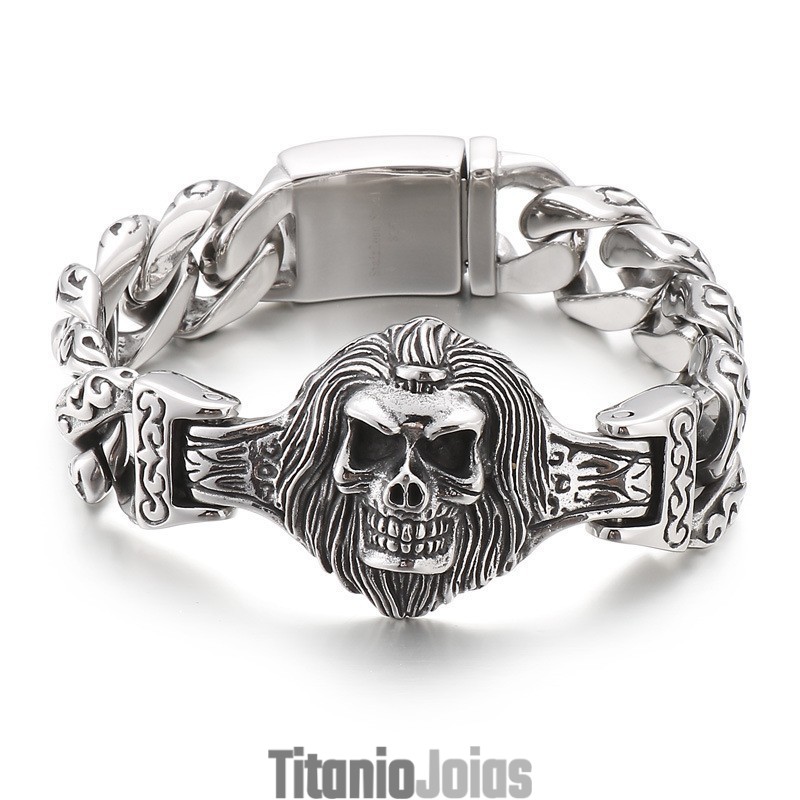 Pulseira De Titânio Com Cabeça De Caveira E Flor Para Homens Pulseira De Titânio Com Cabeça De Caveira E Flor Para Homens