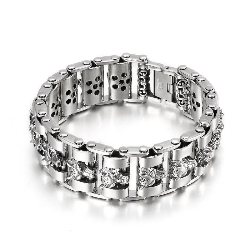 Pulseira De Titânio Com Cabeça De Lobo Para Motociclista Masculina Pulseira De Titânio Com Cabeça De Lobo Para Motociclista Masculina