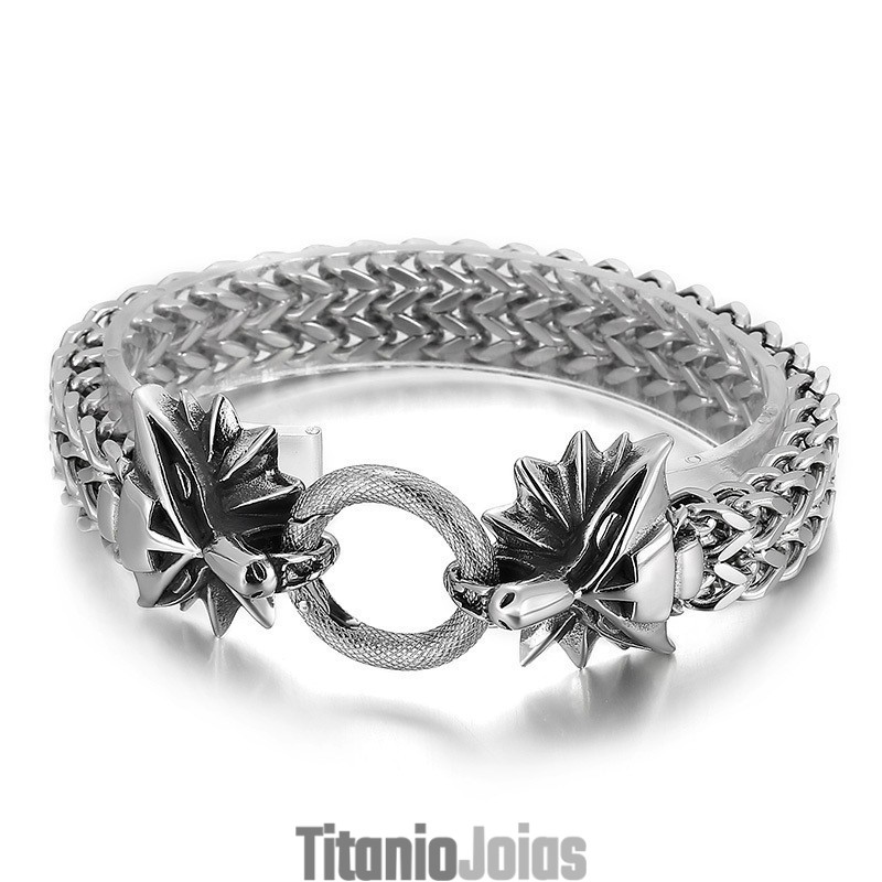 Pulseira De Titânio Trançada Com Cabeça De Animal Dupla Popular Para Homens Pulseira De Titânio Trançada Com Cabeça De Animal Dupla Popular Para Homens