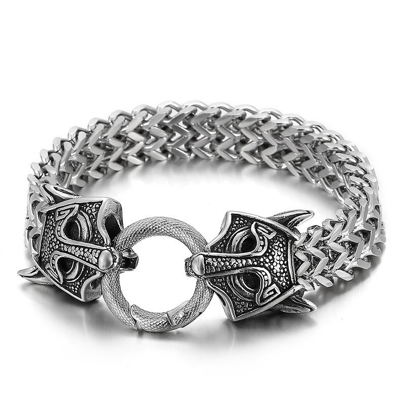 Pulseira Masculina De Titânio Trançada Com Cabeça De Animal Dupla Popular Pulseira Masculina De Titânio Trançada Com Cabeça De Animal Dupla Popular