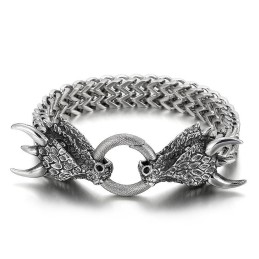 Pulseira Masculina De Titânio Trançada Com Cabeça De Animal Dupla Popular