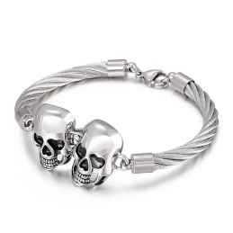 Pulseira Masculina De Titânio Com Caveira Dupla E Fio De Aço