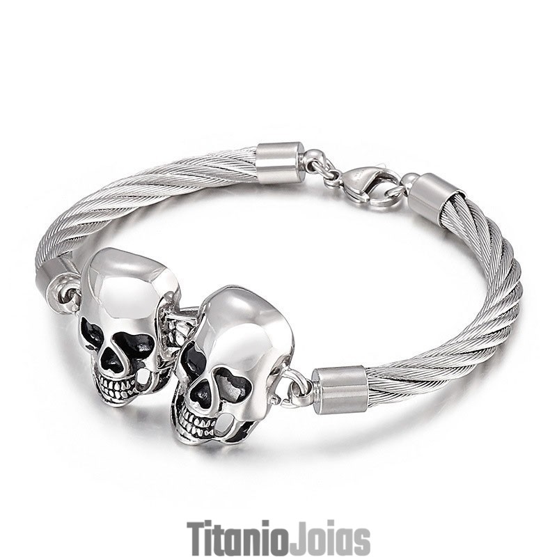 Pulseira Masculina De Titânio Com Caveira Dupla E Fio De Aço