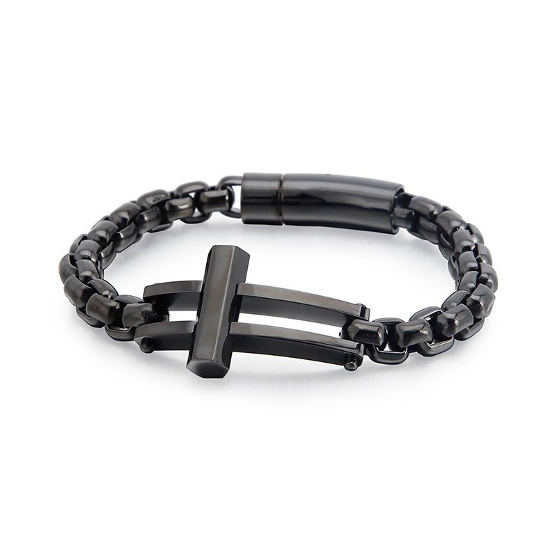 Pulseira De Corrente De Titânio Preta Com Crucifixo Quadrado Pulseira De Corrente De Titânio Preta Com Crucifixo Quadrado