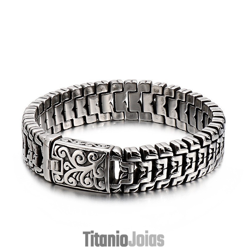 Pulseira De Titânio Com Fivela Em Formato De Flor