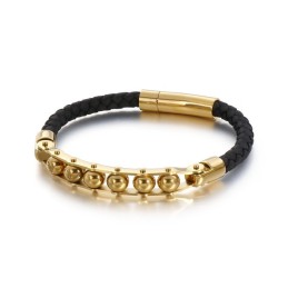 Pulseira De Couro Trançado Masculina Com Contas Redondas Da Moda