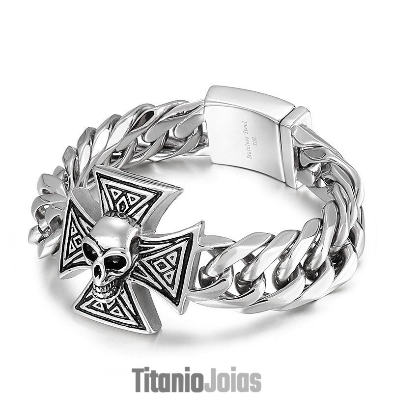 Pulseira Masculina Com Caveira E Cruz Pulseira Masculina Com Caveira E Cruz