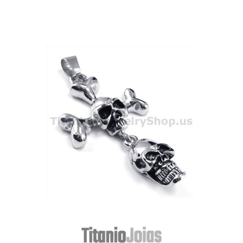 Pingente De Cruz Com Design De Duas Caveiras De Titânio - Corrente Grátis Pingente De Cruz Com Design De Duas Caveiras De Titânio - Corrente Grátis