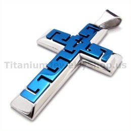 Pingente De Cruz De Titânio Azul - Corrente Grátis