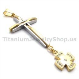Pingente De Cruz De Titânio Dourado Com Diamantes - Corrente Grátis
