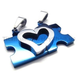 Pingentes De Titânio Para Amantes De Quebra-Cabeça De Coração (Azul) - Correntes Grátis