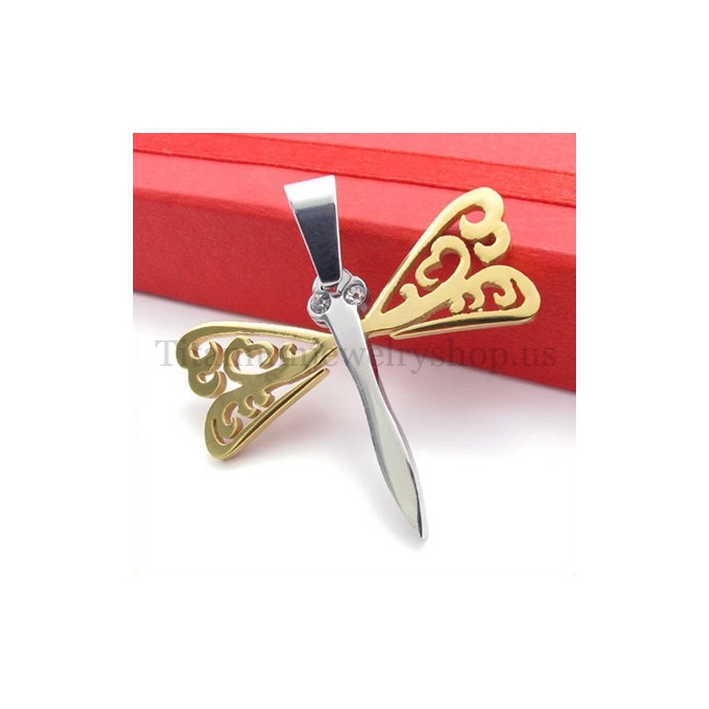 Pingente De Cruz De Titânio Com Libélula E Asas Douradas Pingente De Cruz De Titânio Com Libélula E Asas Douradas