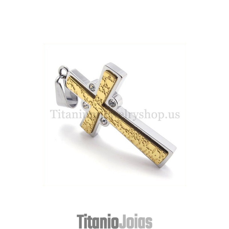 Pingente De Cruz De Titânio Com Duas Camadas De Ouro E Diamantes