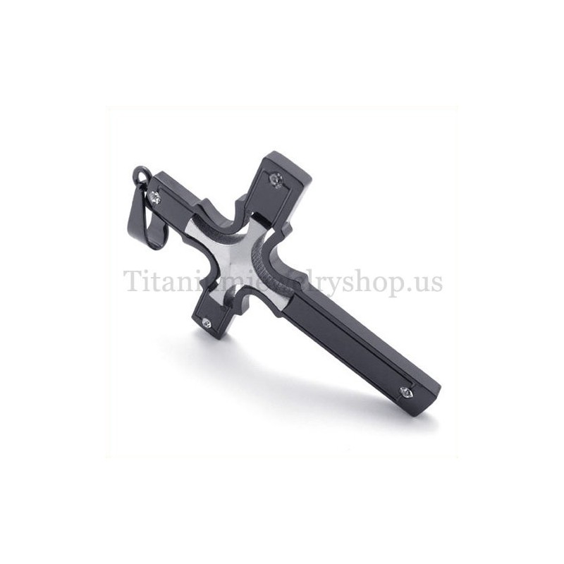 Pingente De Cruz De Titânio Preto Com Pequena Cruz De Prata Embutida Pingente De Cruz De Titânio Preto Com Pequena Cruz De Prata Embutida