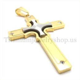Pingente De Cruz De Titânio Com Pequena Cruz De Prata E Ouro Da Moda