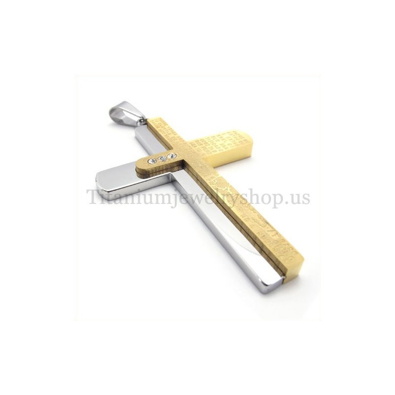 Pingente De Cruz De Titânio Dourado Com Duas Camadas Esculpidas Na Bíblia Pingente De Cruz De Titânio Dourado Com Duas Camadas Esculpidas Na Bíblia