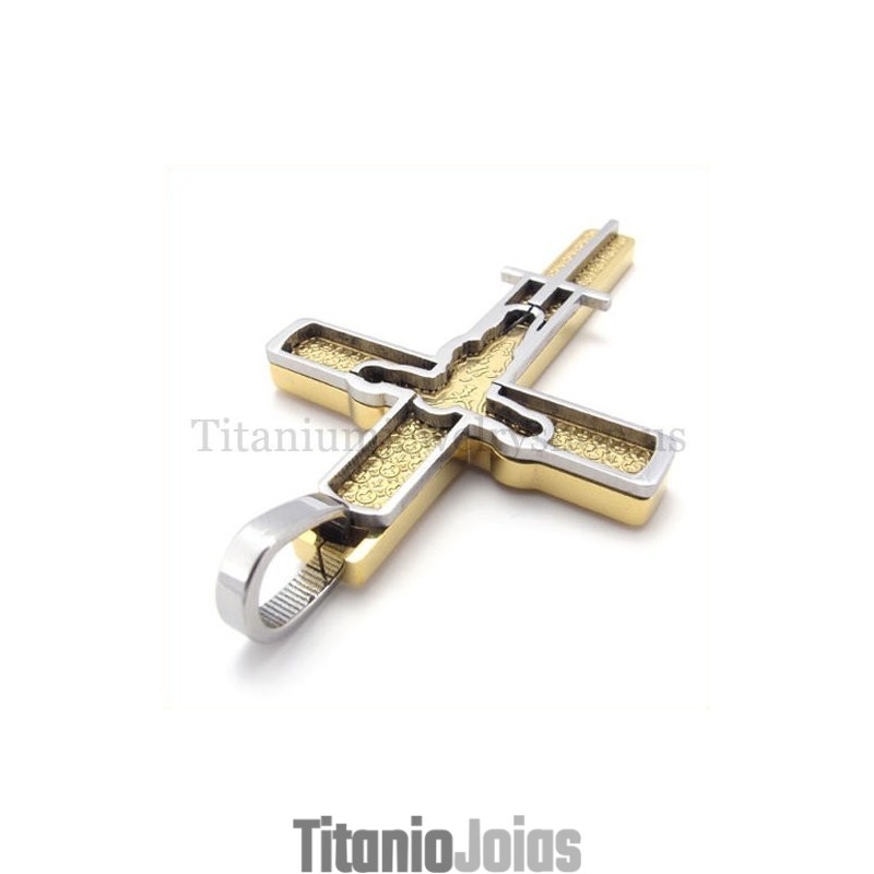 Pingente De Cruz De Titânio Com Padrão De Jesus Esculpido Em Ouro Pingente De Cruz De Titânio Com Padrão De Jesus Esculpido Em Ouro