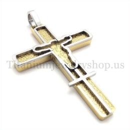 Pingente De Cruz De Titânio Com Padrão De Jesus Esculpido Em Ouro