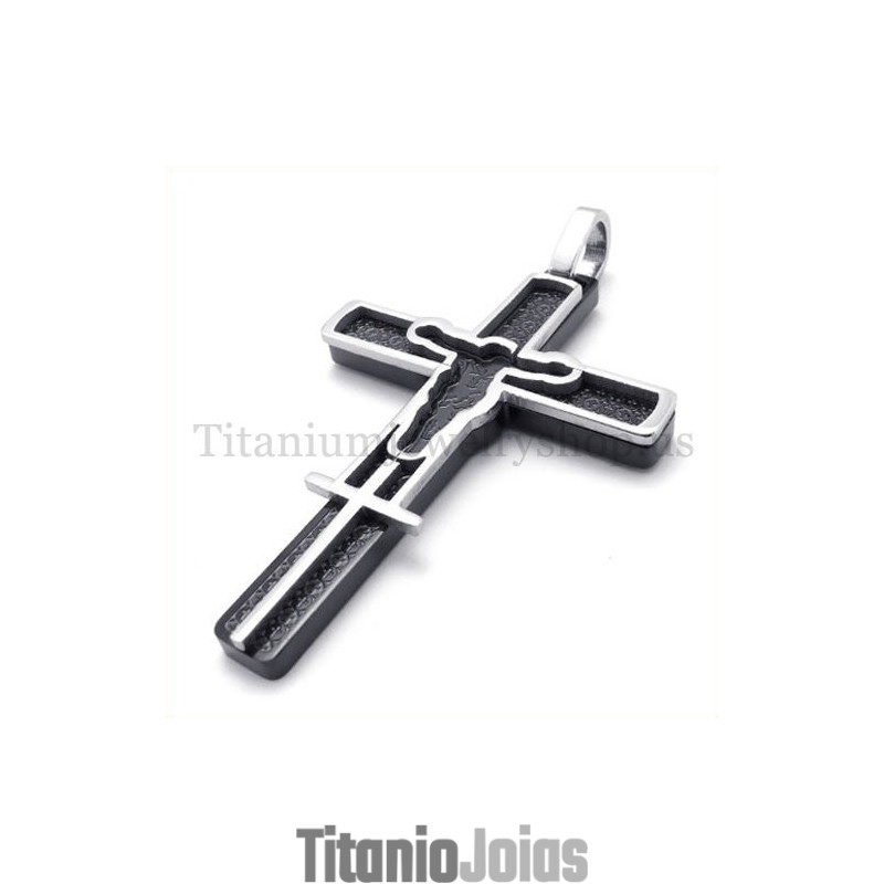 Pingente De Cruz De Titânio Com Padrão De Jesus Esculpido Em Preto Pingente De Cruz De Titânio Com Padrão De Jesus Esculpido Em Preto