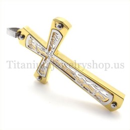 Pingente De Cruz De Titânio Com Padrão De Cruz Vazada E Ouro