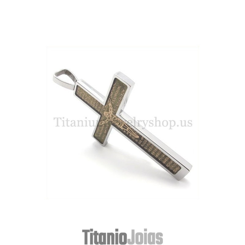 Pingente De Cruz De Titânio Com Padrão De Jesus Esculpido Em Ouro E Bíblia
