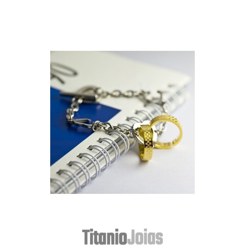 Pulseira De Titânio Com Círculo Duplo Dourado