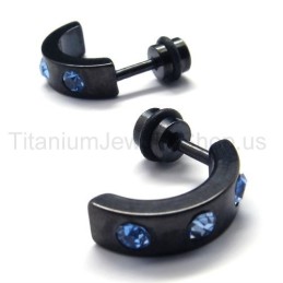 Brincos De Titânio Preto Com Diamantes Azuis