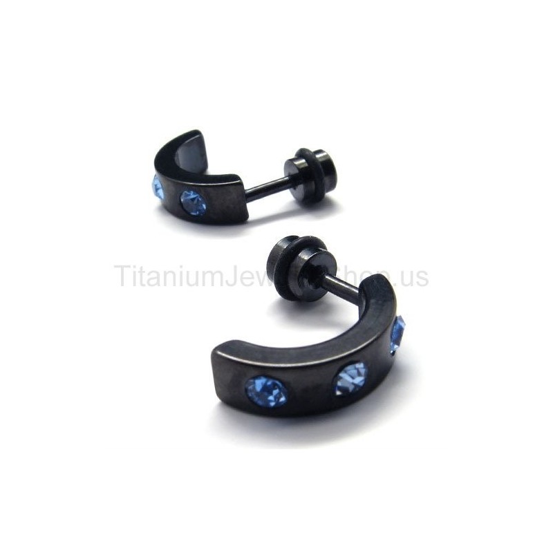 Brincos De Titânio Preto Com Diamantes Azuis Brincos De Titânio Preto Com Diamantes Azuis