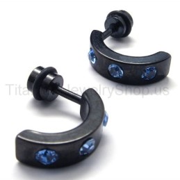 Brincos De Titânio Preto Com Diamantes Azuis