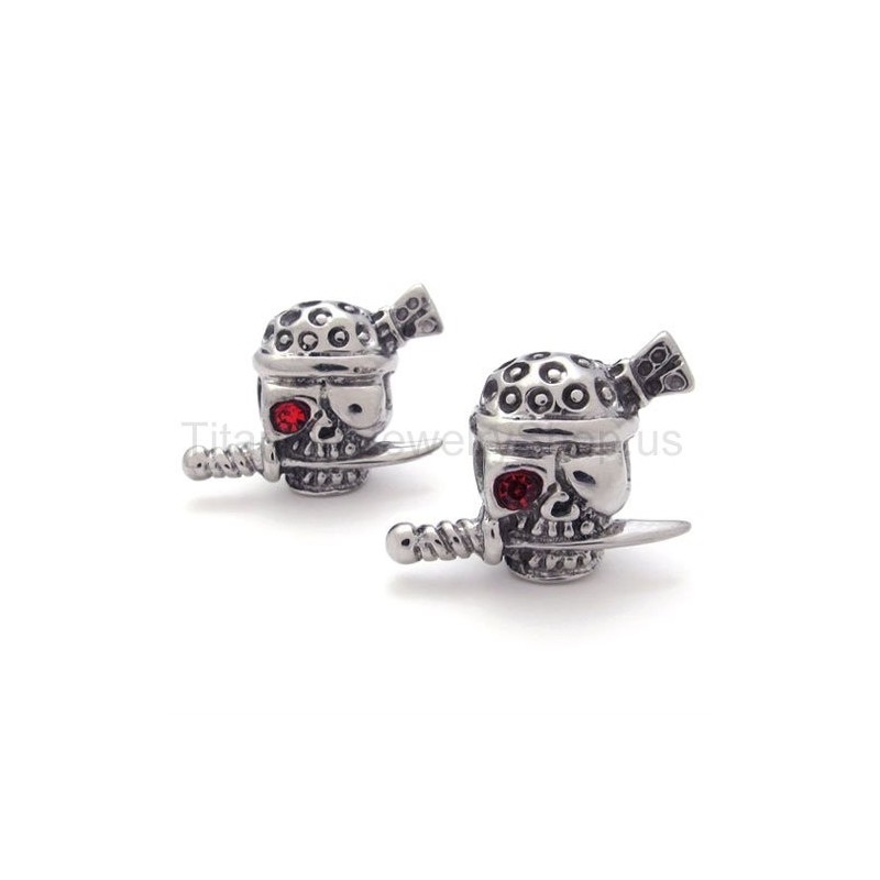 Brincos De Stitanium Com Espada E Caveira Com Um Olho Vermelho Brincos De Stitanium Com Espada E Caveira Com Um Olho Vermelho