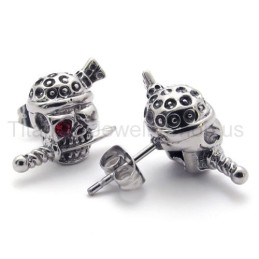 Brincos De Stitanium Com Espada E Caveira Com Um Olho Vermelho