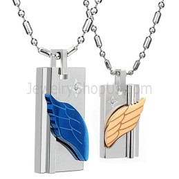 Pingentes De Membro De Anjo Em Titânio Azul E Ouro Rosa Com Strass E Correntes Grátis C387