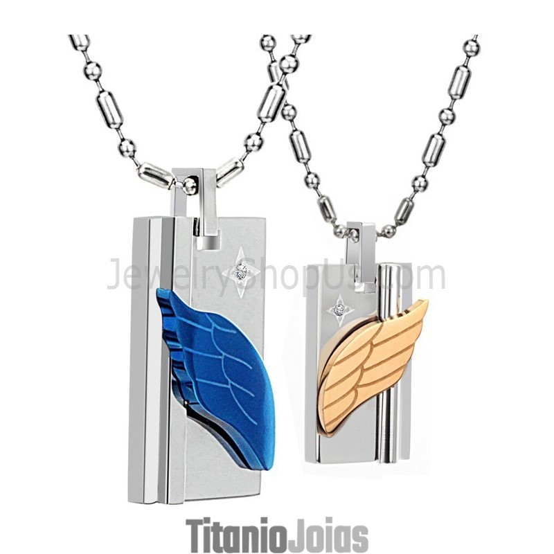 Pingentes De Membro De Anjo Em Titânio Azul E Ouro Rosa Com Strass E Correntes Grátis C387 Pingentes De Membro De Anjo Em Titânio Azul E Ouro Rosa Com Strass E Correntes Grátis C387
