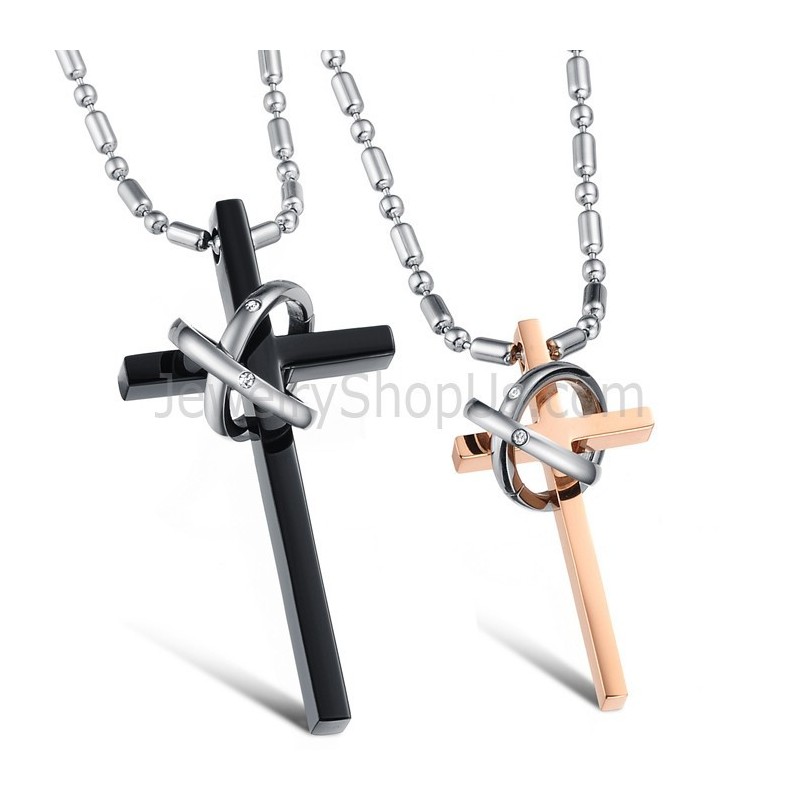 Pingentes De Titânio Em Ouro Rosa E Cruz Preta Com Strass E Correntes Grátis C724 Pingentes De Titânio Em Ouro Rosa E Cruz Preta Com Strass E Correntes Grátis C724