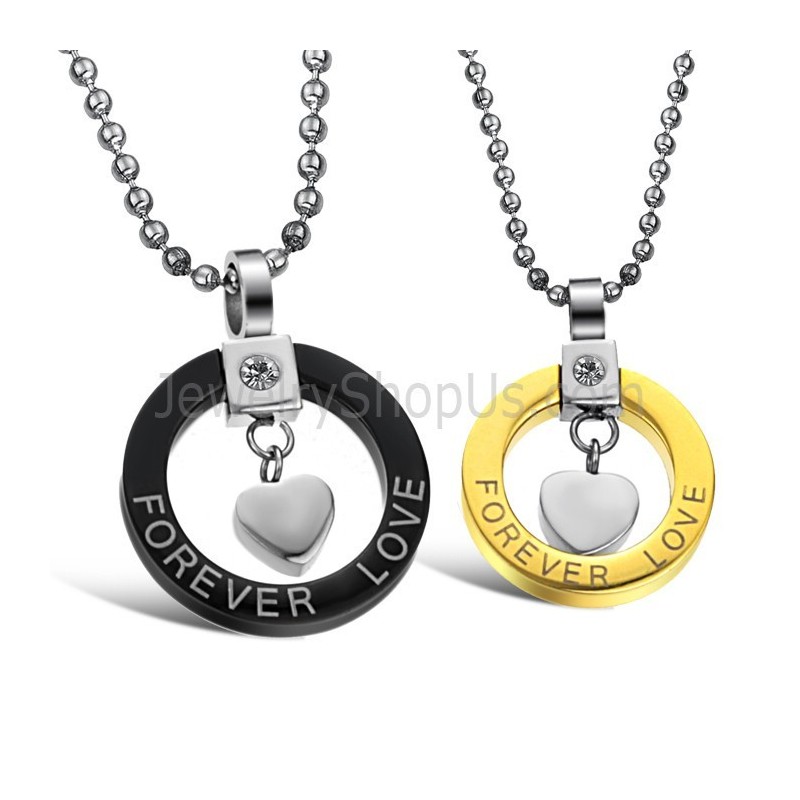 Pingentes "Amor Eterno" Em Titânio Preto E Dourado Com Strass E Correntes Grátis 280