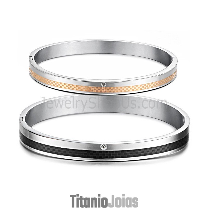 Pulseiras De Casal Tatanium Em Ouro Rosa E Grade Preta Com Strass C746 Pulseiras De Casal Tatanium Em Ouro Rosa E Grade Preta Com Strass C746