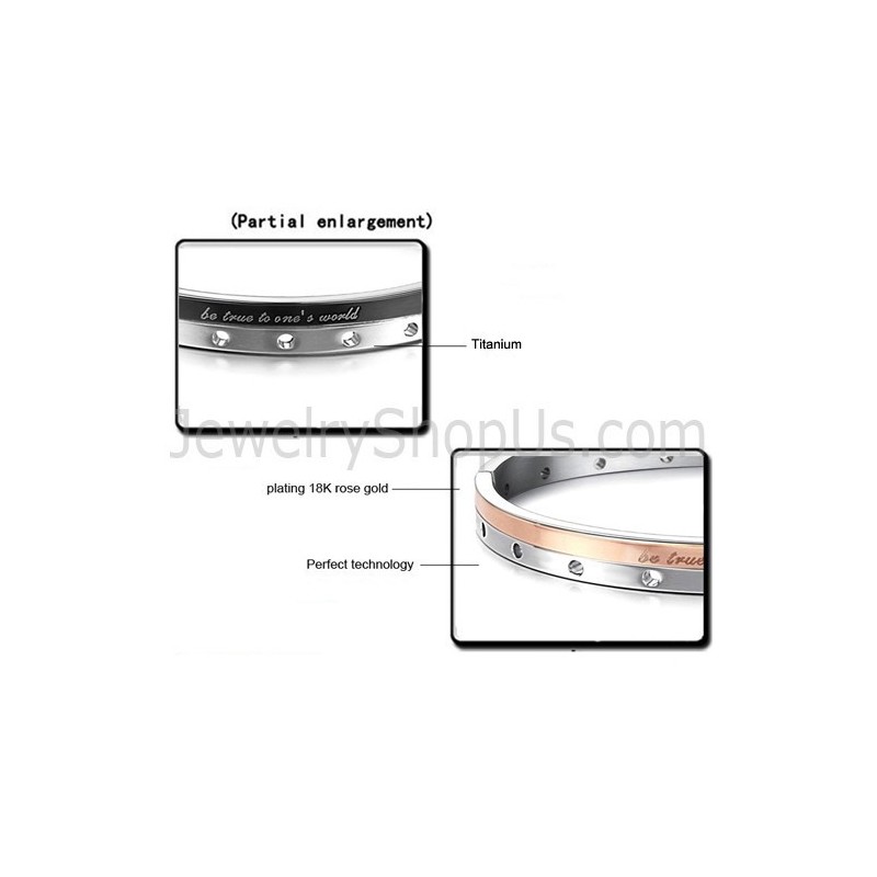 Pulseiras De Casal Tatanium Em Ouro Rosa E Preto "Be True To One'S World" Com Furos Circulares C868 Pulseiras De Casal Tatanium Em Ouro Rosa E Preto "Be True To One'S World" Com Furos Circulares C868