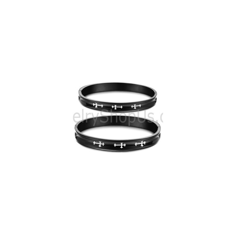 Pulseiras De Casal Pretas De Tatanium Com Cruz Branca C747 Pulseiras De Casal Pretas De Tatanium Com Cruz Branca C747