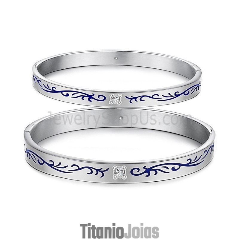 Pulseiras De Casal De Tatanium Com Flores Azuis C858 Pulseiras De Casal De Tatanium Com Flores Azuis C858