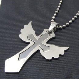 Colar Com Pingente De Cruz De Titânio Puro Com Duas Camadas De Asa Masculina
