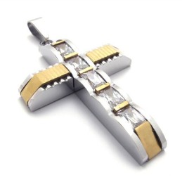 Pingente De Cruz De Titânio Com Diamante E Cruz Dourada