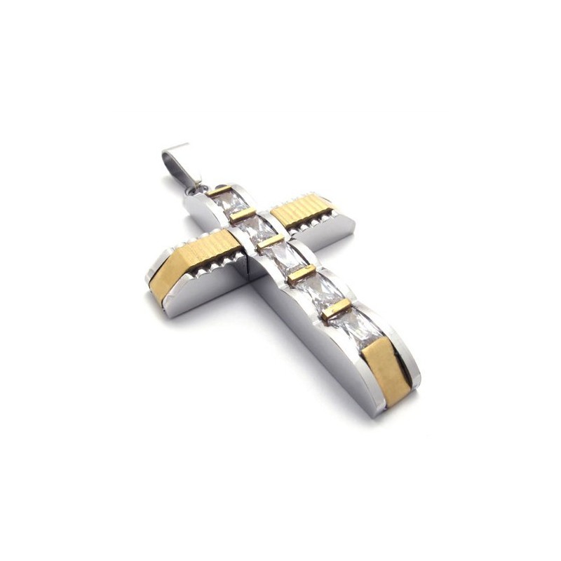 Pingente De Cruz De Titânio Com Diamante E Cruz Dourada Pingente De Cruz De Titânio Com Diamante E Cruz Dourada